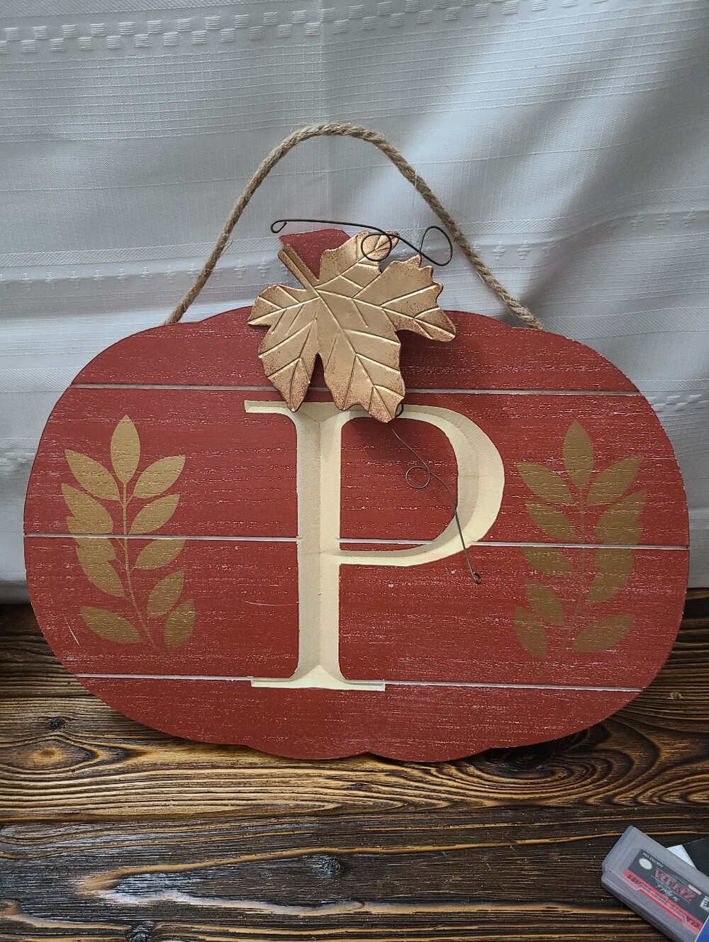 Rustic Fall Orangey Red Wooden  Pumpkin Wall Hanging with "P" Monogram